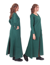 FAYE Cotton Forest Green - Medieval Viking Women’s Front and Back Slitted Dress with Hand-Stitched Seams